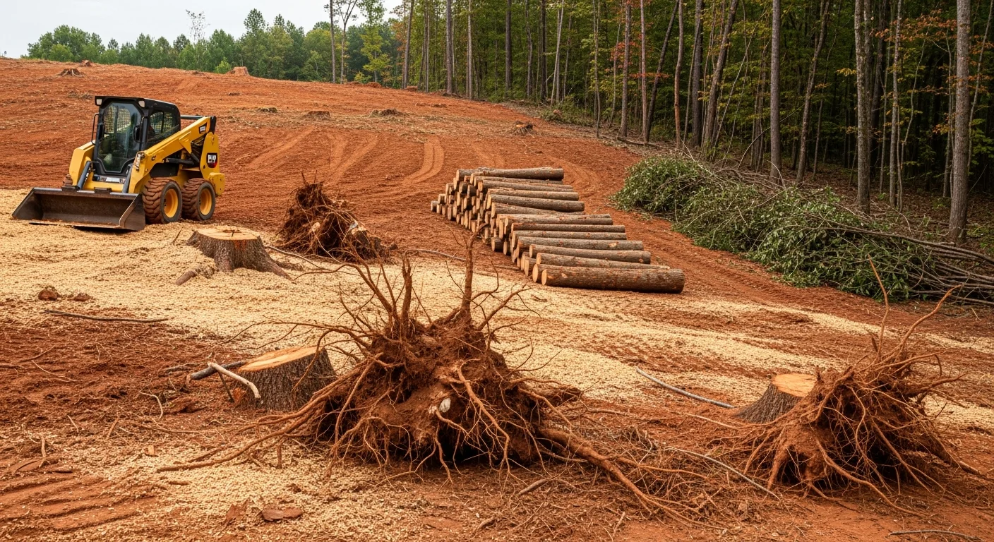 A freshly cleared residential lot in Six Mile, South Carolina with stumps removed and bare ground exposed, surrounded by remaining tree line at the property edge. Heavy equipment tire tracks visible across the clay soil of the cleared Pickens County build site.