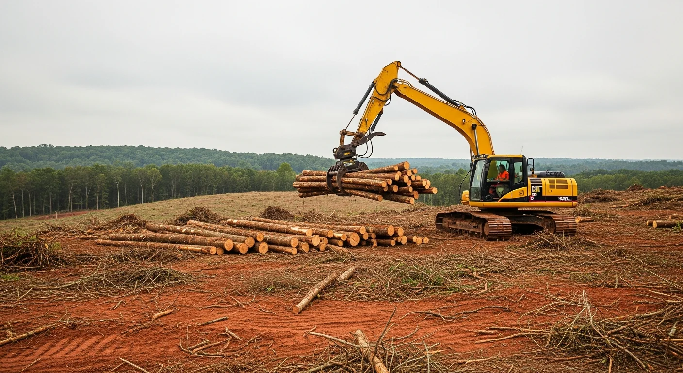 A grapple-equipped excavator sorting and stacking timber logs at a forestry landing in Six Mile, South Carolina. Cleared Piedmont terrain with stacked logs ready for haul-off visible in the background.