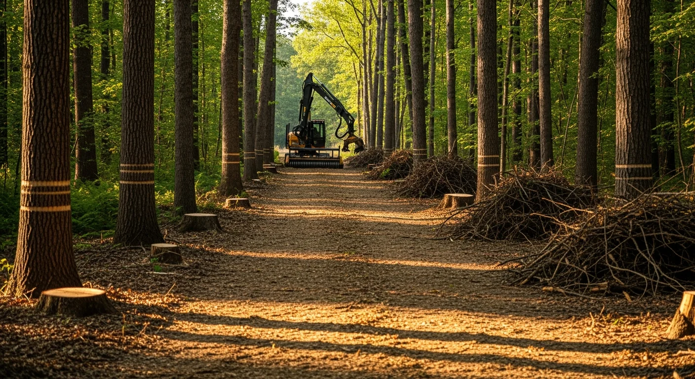 A cleared right-of-way corridor through dense mixed timber in Six Mile, South Carolina, with ground-level mulch cover and open access along a property boundary. Forestry equipment visible at the edge of the cleared strip with surrounding Upstate SC woodland intact.