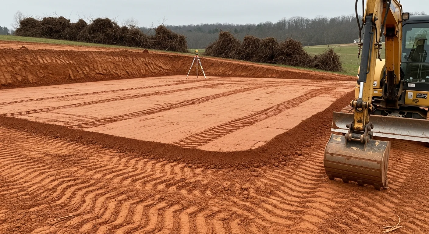 A freshly graded building site on a cleared wooded lot in Six Mile, SC, with bare compacted earth shaped into a level pad and surrounding Piedmont terrain visible in the background. Argus III Forestry LLC excavation equipment sits at the edge of the prepared site.