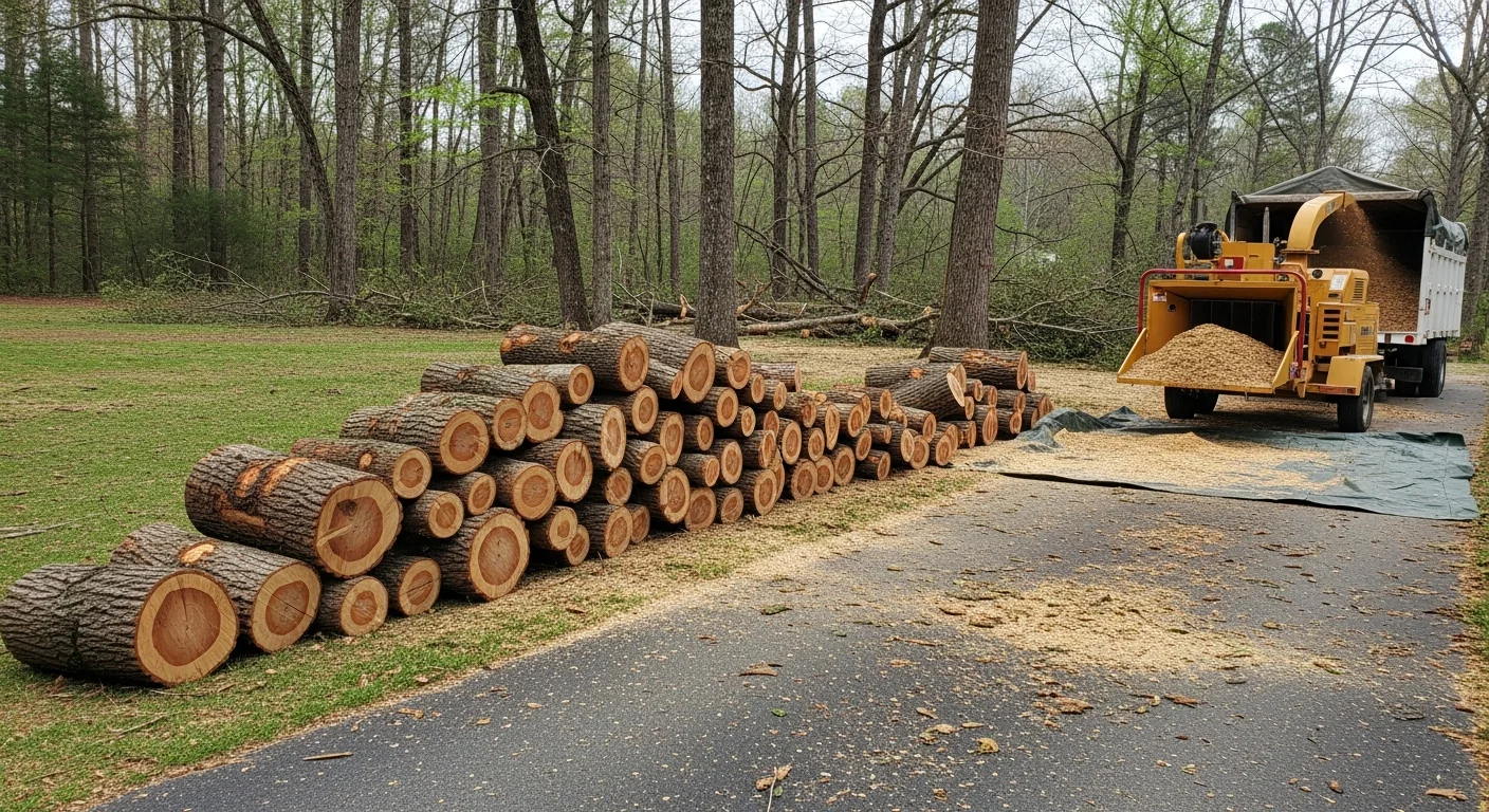 A large storm-felled pine tree removed from a residential driveway on a wooded property in Six Mile, SC, with the cleared site showing no remaining debris. A tree service crew works near the cut sections with a chipper staged on the gravel drive.