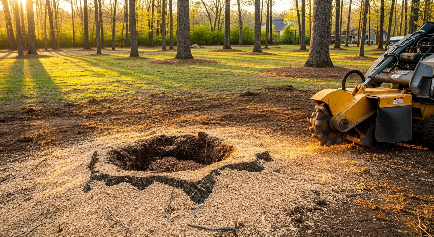 A freshly ground tree stump on a residential lawn in Six Mile, South Carolina, with wood chips spread across the cleared area. The surrounding yard and tree line are visible in the background.