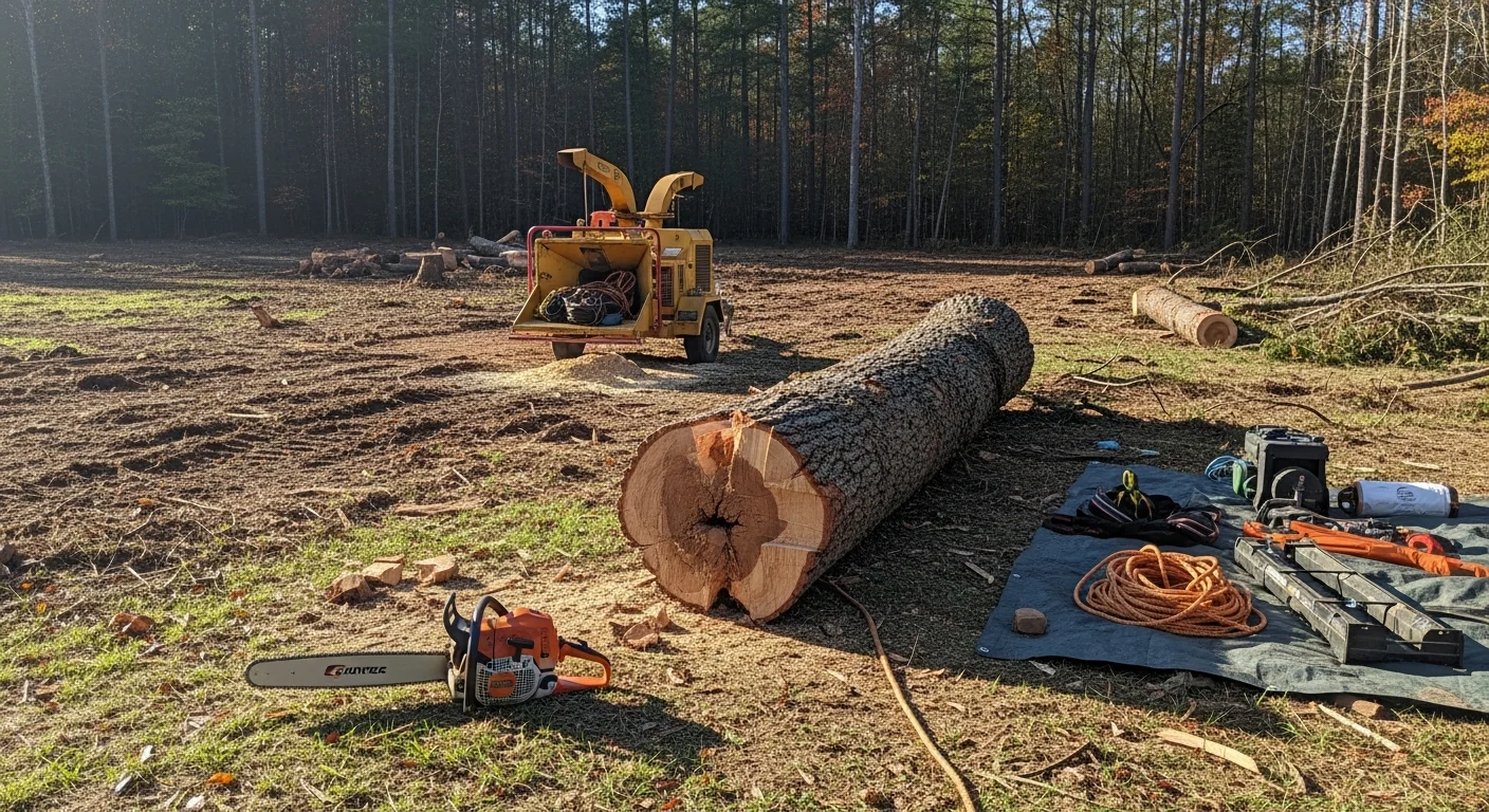 A large hardwood tree being removed from a residential property in Six Mile, SC, with the trunk sectioned and debris cleared from the surrounding lawn. A forestry crew works near a wood-frame home typical of Pickens County, with cleared ground visible around the stump.