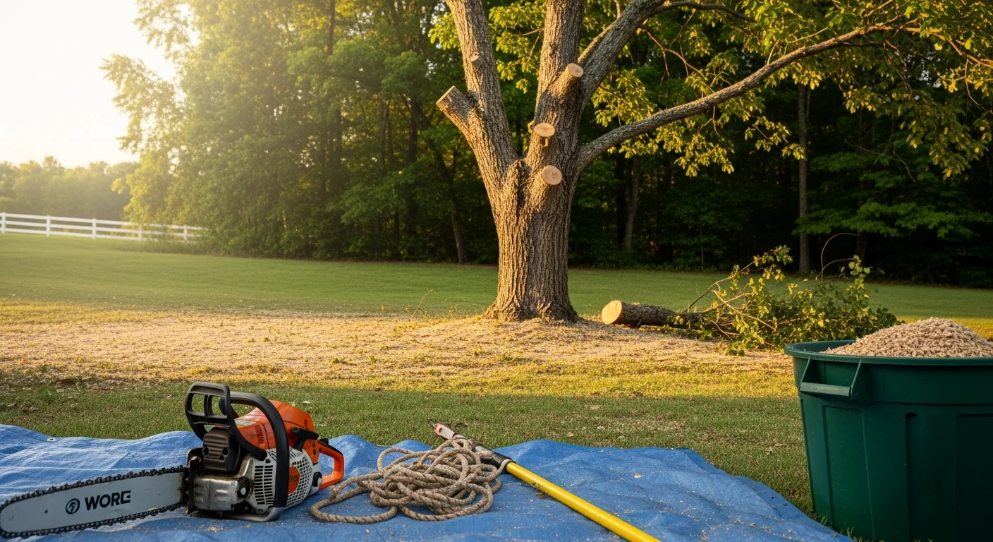 A tree crew from Argus III Forestry LLC trimming the upper canopy of a large oak tree on a residential property in Six Mile, SC. Freshly cut branches are visible on the ground below, with a cleared roofline in the background.